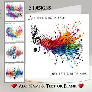 Carte de notes de musique : ajoutez votre texte + votre nom ~ message intérieur ~ clé de sol, portée, noire, croche, clé, mesure, partition, musique, arc-en-ciel, couleurs