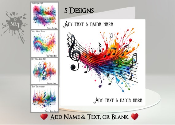 Musical Notes Card: Add Your Text + Name, Inside Message, or Blank