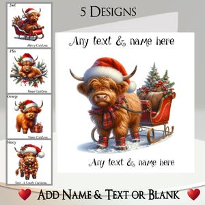Kerstkaart: tekst en naam toevoegen, bericht binnenin, 5 ontwerpen, hooglandkoe, kalf, kerstverlichting, slee, Schotse koe, Schotland, sjaal
