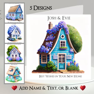 Blue House New Home-kaart: voeg je naam en tekst toe ~ voeg je naam toe ~ bericht ~ Veel succes, verhuizing, nieuw adres, nieuw huis, klokje