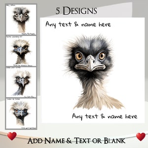 Emu-kaart: tekst en naam toevoegen ~ bericht binnen ~ 5 ontwerpen ~ tekening emoe, portret emoe, hoofd emoe, Australische vogel, Australië, wild dier