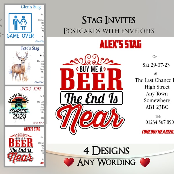 Stag Party Cards With Envelopes: Groom, Usher, Best Man, Friends, BFF, Bachelor, Marriage, Wedding Party, Invite, Invitation, Postcard, Beer