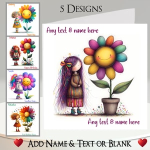 Tarjeta de Daisy Girl: Agrega tu nombre + texto, mensaje interior, 5 diseños. Chica peculiar, Flor alegre, Mariposa, Primavera, Jardín, Botas, Adorable