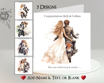 May include: A wedding card with a watercolor illustration of a bride and groom riding a motorcycle. The text on the card reads "Congratulations Beth & Callum" and "May your road be long & smooth..."