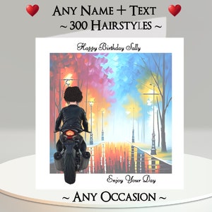 Tarjeta de motociclista femenina: agregue su mensaje, nombre, elija el peinado ~ Mensaje interior ~ Motociclista femenina, Motociclista femenina, Motocicleta, Motocicleta, Bicicleta, Calle de la ciudad