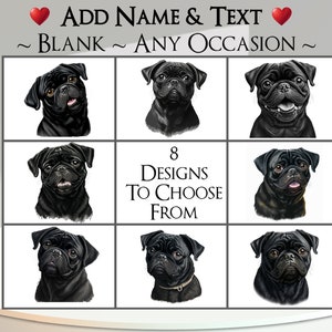 Mopshondkaart: tekst en naam toevoegen ~ bericht binnenin ~ elke gelegenheid of blanco ~ mopshond, mopshond, hond, portret, huisdier, kleine hond, zwarte mopshond