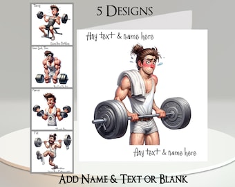 Gym Card: Add Your Text + Name, Inside Message, 5 Designs. Quirky Gym Man, Gymnasium, Athlete, Weight Lifter, Weights, Workout, Sport