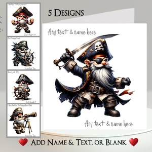 Tarjeta de gnomo pirata: agrega tu texto + nombre ~ 5 diseños para elegir ~ Mensaje interior ~ Gonk pirata, bucanero, corsario, corsario, marino
