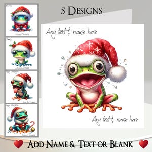 Kerstkaart: tekst en naam toevoegen, bericht binnenin, 5 ontwerpen, kerstkikker, kerstmuts, sneeuwvlokken, hulst, bessen, grappig, eigenzinnig, pad