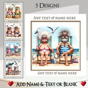 Carte de couple sur la plage : ajoutez votre nom + texte, message à l'intérieur, 5 modèles, femme originale, homme, transat, mer, fantaisiste, mouette, drôle, humoristique
