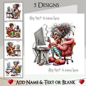 Carte femme PC : ajoutez votre texte + votre nom, un message à l'intérieur, 5 motifs. Computer Lady décalée, Assistance informatique, Télétravail, Tech, Fantastique, Amusant