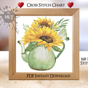 May include: Cross stitch chart featuring a watercolor design of sunflowers in a green teapot. The image is framed in a light wood frame. Text includes "Cross Stitch Chart", "PDF Instant Download", and "168 x 168 Stitches".