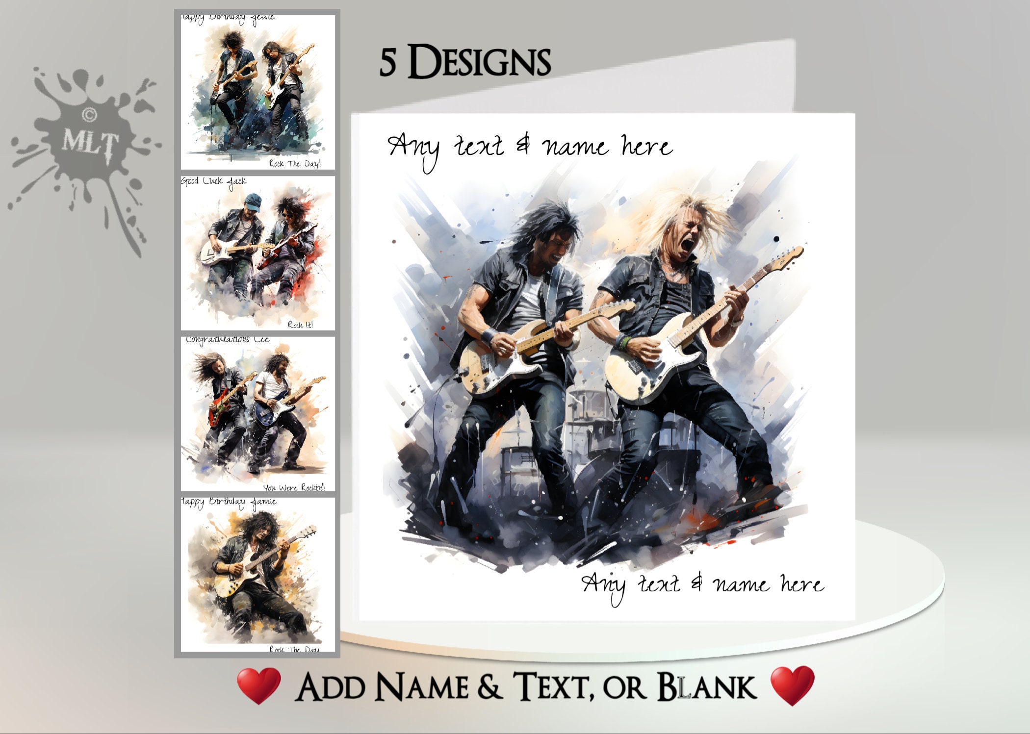 Rock Band Card: Add Your Text + Name, Inside Message, 5 Designs. Guitar, Bass, Drums, Singer, Heavy Metal, Soft Rock, Musician, Music