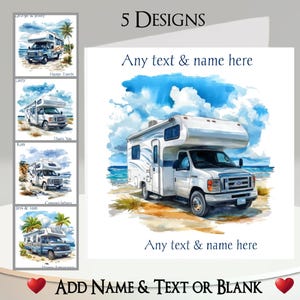 ビーチモーターホームカード：テキスト+名前、内側のメッセージ、5つのデザインを追加。RV、キャンピングカー、キャンピングカー、キャンプ、バン、ツアラー、トレーラー、旅行、パーム