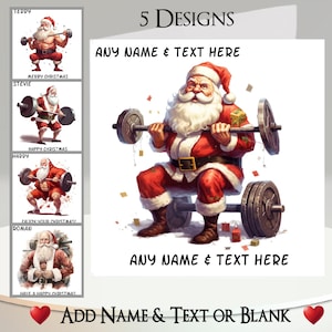Carte de Noël : ajoutez votre texte et votre nom, message à l'intérieur, 5 modèles, Père Noël, père Noël, Saint-Nicolas, haltérophilie, haltérophile, salle de sport
