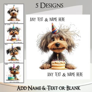 Carte d'anniversaire pour chien : ajoutez votre nom + texte, message à l'intérieur, 5 modèles. Gâteau d'anniversaire, Bougies, Chien original, Chapeau de fête, Animal de compagnie, Canidés, Mignonne, Drôle