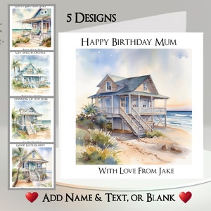 Strandhuiskaart: tekst + naam toevoegen ~ binnenbericht ~ 5 ontwerpen om uit te kiezen ~ strand, zand, huis, hut, zee, kust, palmboom, strandhut