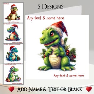 Weihnachtskarte: Fügen Sie Ihren Text + Namen hinzu, Innentext, 5 Designs, Dinosaurier, T-Rex, Prähistorische, Weihnachtsmütze, Dino, Geschenk, Geschenk, Holly