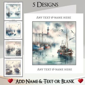 Carte bateau : ajoutez votre texte + votre nom, un message à l'intérieur, 5 modèles. Pêche, bateau, chalutier, pêcheur, port. Phare, Mouette, Mer, Océan, Navire