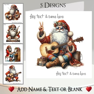 Weihnachtskarte: Fügen Sie Ihren Text + Namen hinzu, Innenseite Nachricht, 5 Designs: Weihnachtsmann, Nikolaus, Hippy, Gitarre, Klavier, Keyboard, Musik