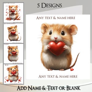 Tarjeta de hámster: Añade tu texto + nombre, mensaje interior, 5 diseños. Hámster adorable, mascota, roedor, corazón, corazones.