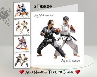 Martial Arts Card: Add Your Text + Name, Inside Message, or Blank. 5 Designs.  Judo, Karate, Kung Fu, Tai Chi, Jiu-Jitsu, Taekwondo, Sport