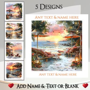 Beach Life-kaart: tekst + naam, bericht aan de binnenkant, 5 ontwerpen. Tropisch, zon, zee, oceaan, palmboom, zonsondergang, zonsopgang, parasol, bar, café