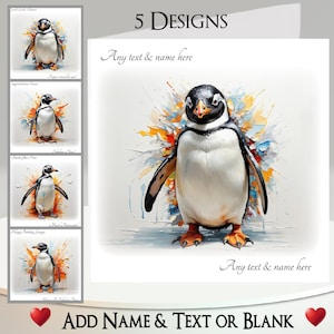 Tarjeta de pingüino: agregue su texto + nombre, mensaje interior, 5 diseños para elegir ~ Pingüino, pintura al óleo, salpicadura de arcoíris, ave silvestre, acuática