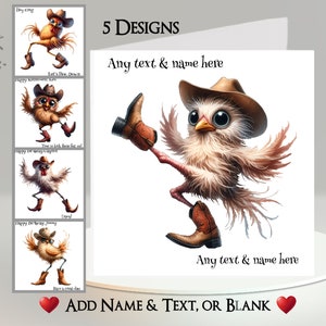 Carte de cow-boy poulet : ajoutez votre texte et votre nom ~ 5 modèles au choix ~ message intérieur ~ Western, Far West, bottes de cowboy, danse en ligne, chapeau