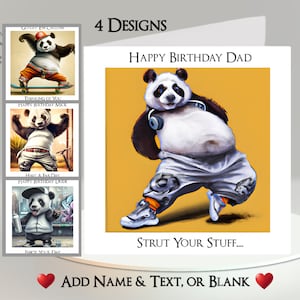 Carte panda : ajoutez votre texte et votre nom ~ 4 modèles au choix ~ message à l'intérieur ~ skateboard, casquette de baseball, hip hop, graffiti, panda dansant