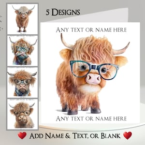 Tarjeta de vaca de las Tierras Altas: agregue su texto + nombre ~ Mensaje interior ~ Vaca de las Tierras Altas con anteojos, ternero, vaca linda, vaca escocesa, Escocia, ganado