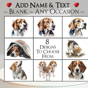 Beagle Karte: Fügen Sie Ihren Text + Name ~ innere Nachricht ~ jede Gelegenheit oder leer ~ Eckzahn, Hundeporträt, Haustier, Hund, Beagle, Windhund, Welpe