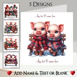 Weihnachtskarte: Fügen Sie Ihren Text + Namen, Innentext, 5 Designs, Schweine In Decken, Ferkel, Hut, Schal, Bank, Schnee, Weihnachtsschweine hinzu