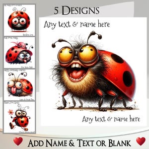 Grappige lieveheersbeestjekaart: tekst en naam toevoegen, bericht binnenin, 5 ontwerpen om uit te kiezen ~ lieveheersbeestje, insect, raar, humoristisch, buitenaards lieveheersbeestje, vlek