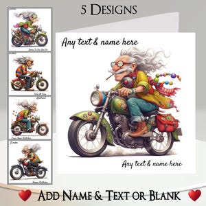 Biglietto d'auguri per motociclisti anziani: aggiungi il tuo testo + nome, messaggio interno, 5 design; motocicletta, motocicletta, vecchio, motociclista anziano, OAP, bicicletta, divertente, umoristico