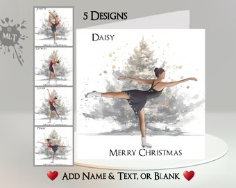 Christmas Ice Skater Card: Add Your Text + Name ~ Inside Message ~ 5 Designs ~ Ice Skater, Ice Dancer, Figure Skater, Christmas Tree