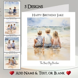 Biglietto d'auguri per bambini in spiaggia: aggiungi il tuo testo e nome ~ 5 design ~ Messaggio interno ~ Spiaggia, sabbia, mare, oceano, bambini in spiaggia, fratelli, bambini, famiglia