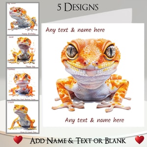 Carte gecko : ajoutez votre texte et votre nom, message à l'intérieur, 5 motifs, gecko drôle, animal de compagnie, lézard, reptile, gekkota, animal de compagnie, dessin animé, dessin, humoristique