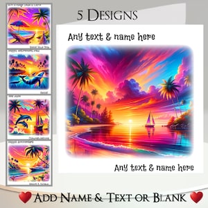 Neon Beach Card: aggiungi il tuo testo + nome ~ messaggio interno ~ spiaggia tropicale, tramonto, alba, mare, oceano, palme, delfino, vacanza, vacanza