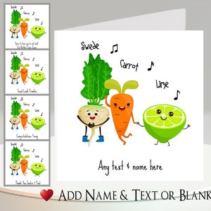 Carte chanson amusante : ajoutez votre texte et votre nom ~ message intérieur ~ suédois, carotte, citron vert, légume, drôle, humoristique, jeu de mots, musique, comédie musicale