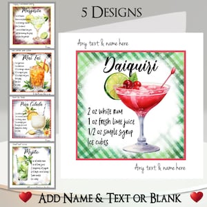 Biglietto d'auguri: aggiungi il tuo testo e nome, messaggio all'interno, 5 design. Ricetta per cocktail: Daiquiri, Margarita, Piña Colada, Mai Tai, Mojito, Alcolici