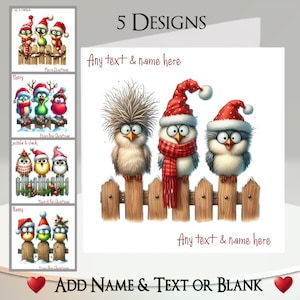 Cartão de Natal: Adicione seu texto + nome, mensagem interna, 5 designs, pássaros peculiares, chapéu de Papai Noel, cerca, chapéu, cachecol, frutas vermelhas, abeto, chifres, guirlanda