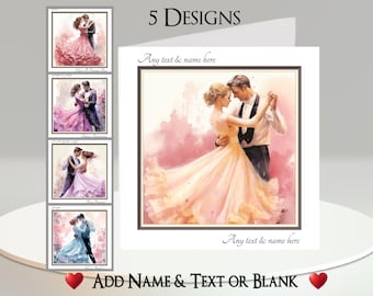 May include: Five different designs of personalized greeting cards featuring couples dancing. Each card has a watercolor illustration of a couple in a romantic embrace, with the text "Any text & name here" printed on the card.