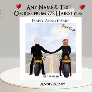Tarjeta de aniversario de motociclista: agregue su texto, nombres + fecha, elija el peinado ~ Mensaje interior ~ Moto, motocicleta, bicicleta, novia, novio, aniversario