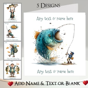 Fiskarkort: Lägg till din text + namn, meddelande eller blankt. 5 designer. Fiske, fisk, guldfisk, spö, lina, äldre man, rolig, udda