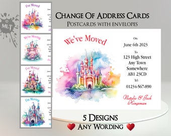 Cartes postales pour changement d'adresse du château des fées avec enveloppes : déménagement, nouvelle adresse, nouvelle maison, déménagement, nouvelle maison, changement d'adresse, carte postale