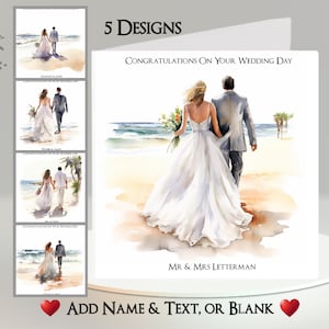 Tarjeta de boda en la playa: agregue nombre y fecha ~ Mensaje interior ~ Esposo, esposa, boda en la playa, día de la boda, matrimonio, ceremonia de boda, mar, océano