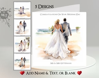 Strandhochzeitskarte: Text, Name, Nachricht, 5 Designs. Mann, Frau, Strandhochzeit, Hochzeitstag, Ehe, Zeremonie, Meer, Ozean