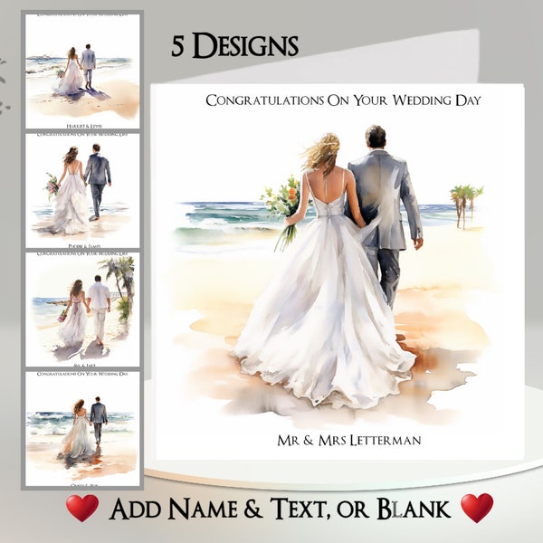 Beach Wedding Card: Add Name & Date ~ Inside Message ~ Husband, Wife, Beach Wedding, Wedding Day, Marriage, Wedding Ceremony, Sea, Ocean