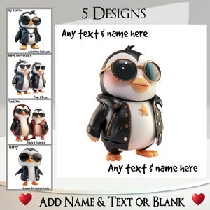 Carte pingouin : ajoutez votre texte et votre nom, message à l'intérieur, 5 modèles au choix ~ pingouin cool, mec, hip hop, lunettes de soleil, drôle, humoristique